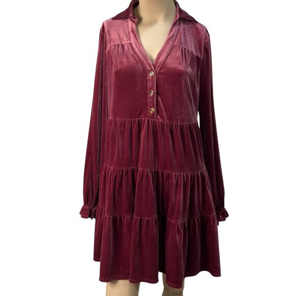 Easel Burgundy Velvet Babydoll Tiered V-Neck Mini Dress Small Ruffle Flowy Boho - Picture 1 of 8